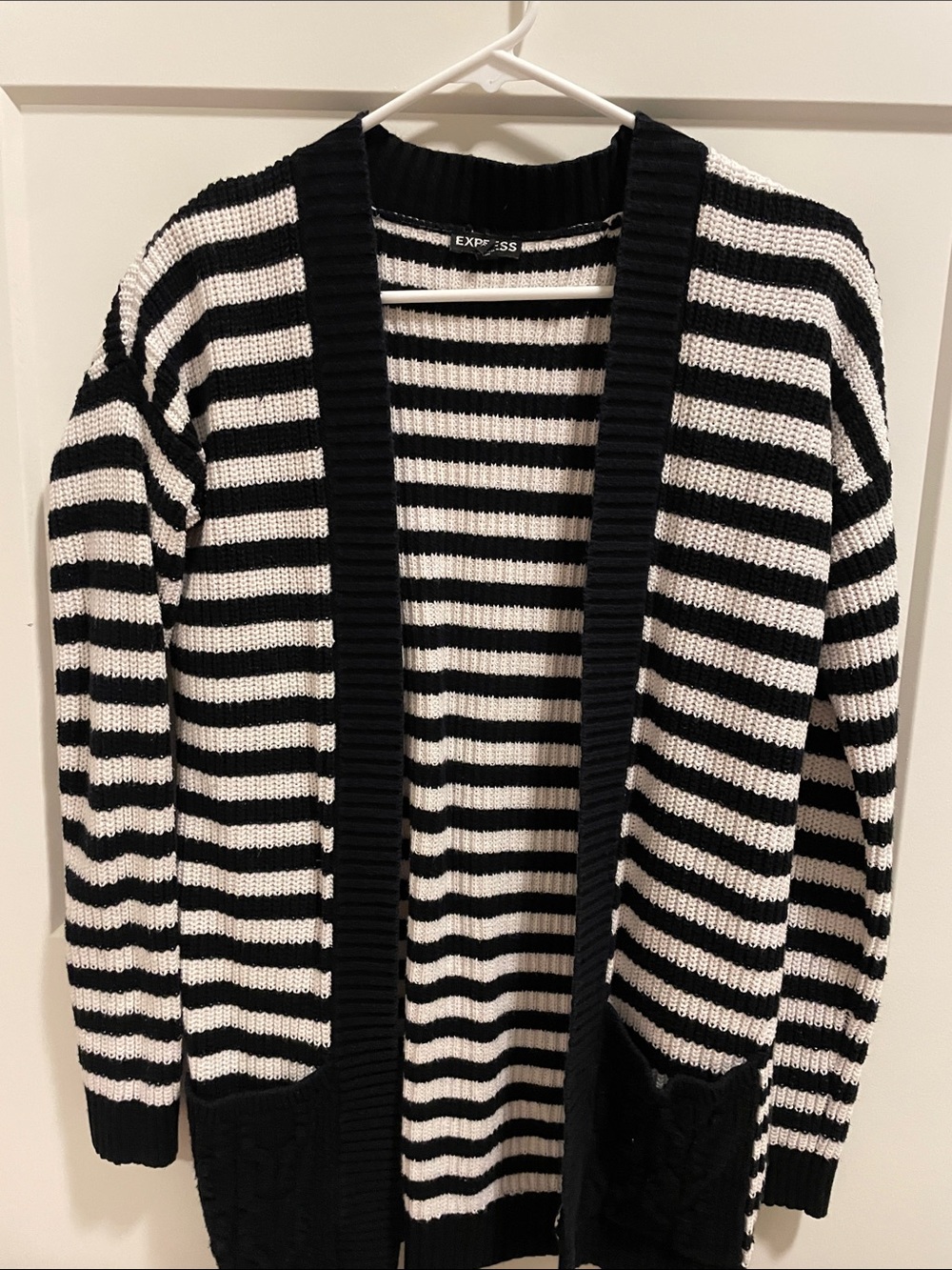 Express Black and White Striped Open-Front Cardigan
